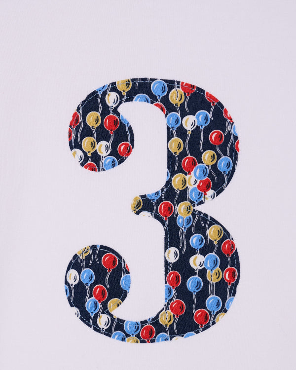 a number 3 white cotton birthday T-Shirt in Ethan's Party balloon Liberty Print.