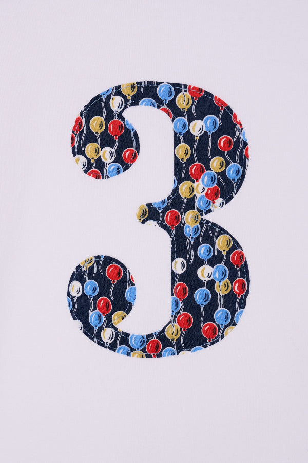 a number 3 white cotton birthday T-Shirt in Ethan's Party balloon Liberty Print.