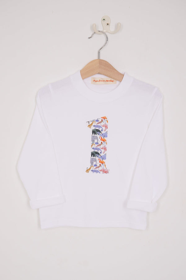 A first birthday white cotton t-shirt with a zoo animal number 1 on the front.
