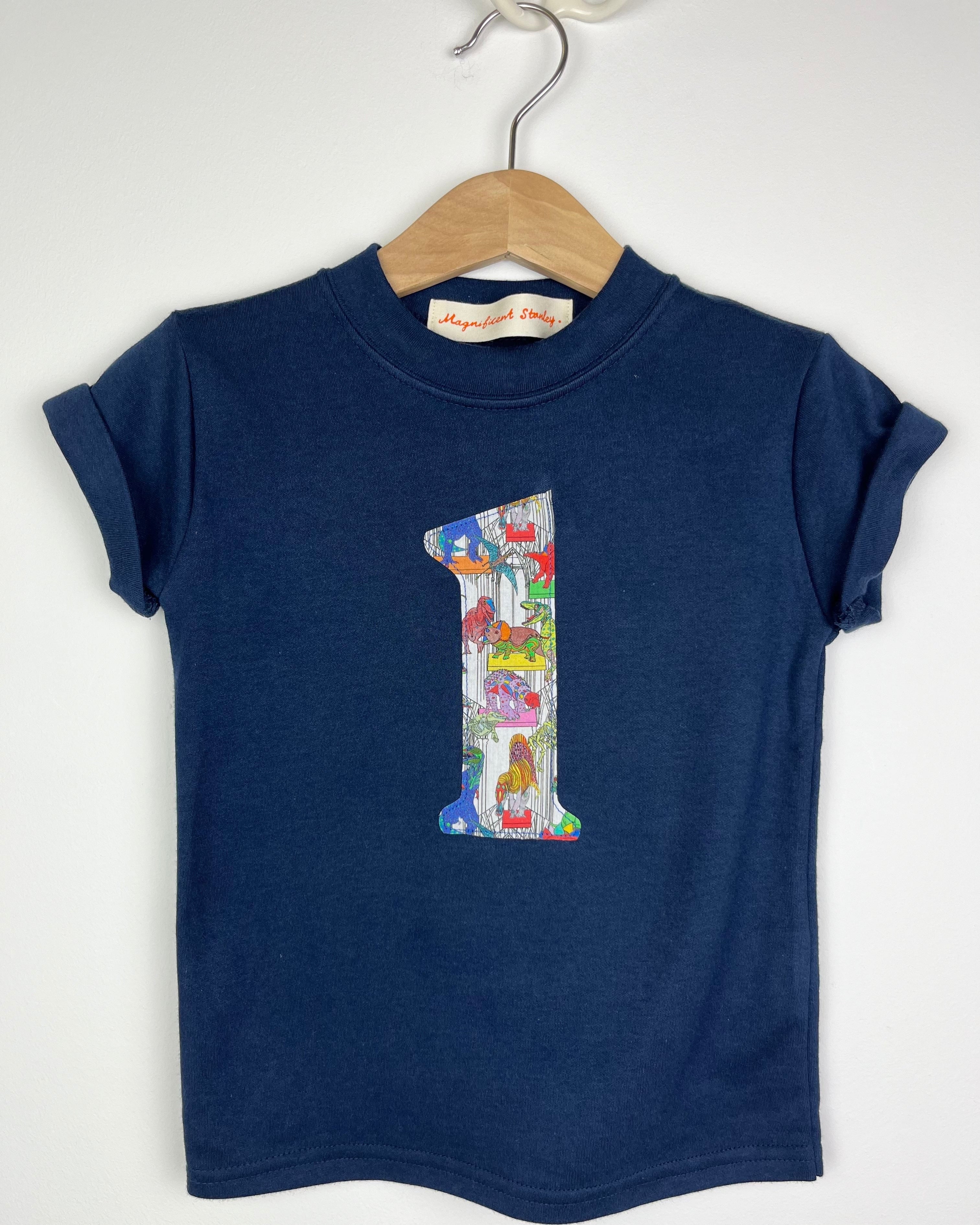 Magnificent Stanley Tee Personalised or Age Navy T-Shirt in Dinosaur Liberty Print