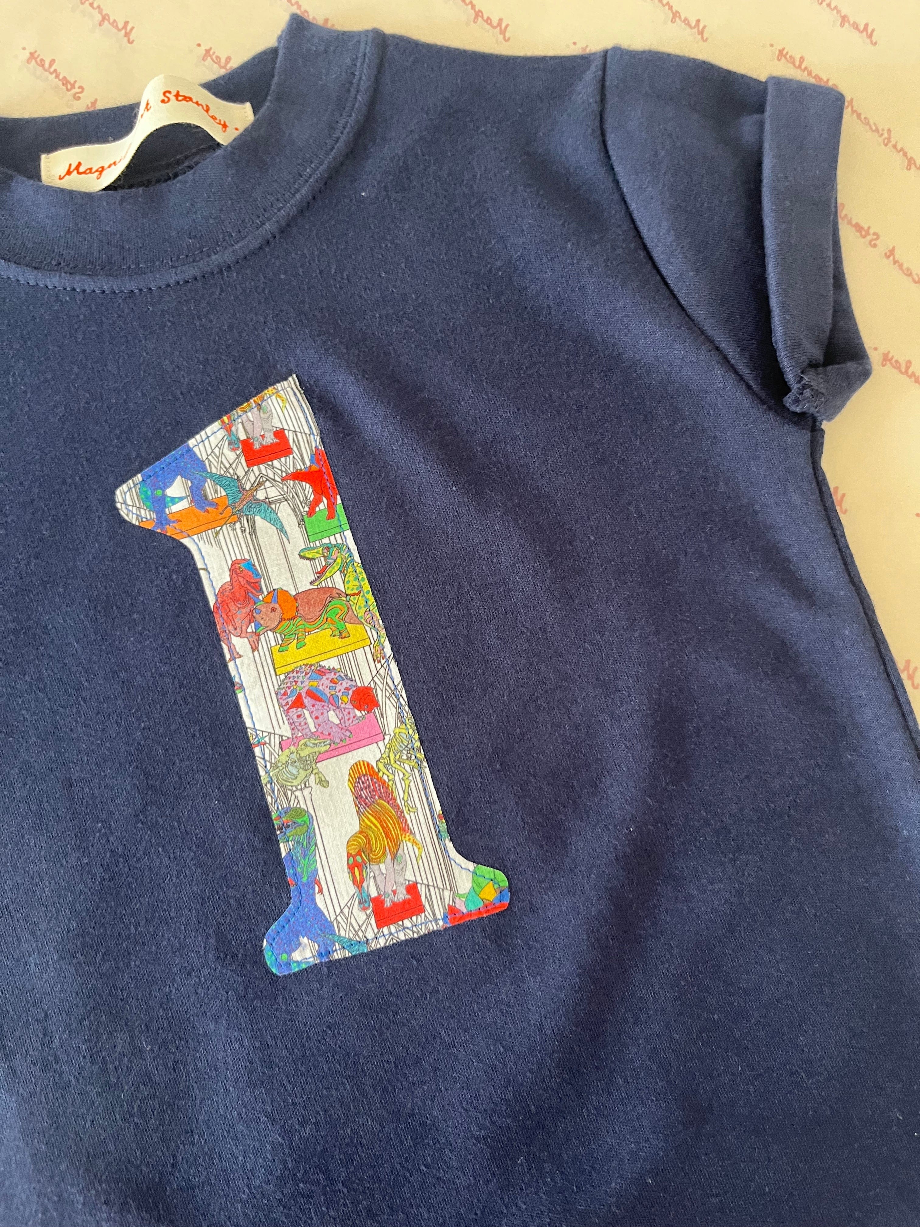 Magnificent Stanley Tee Personalised or Age Navy T-Shirt in Dinosaur Liberty Print