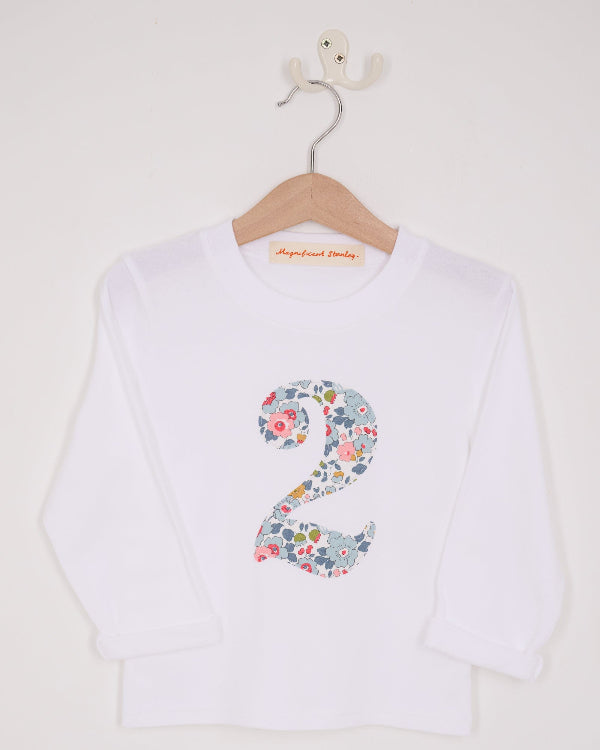 a white kids t-shirt with the number 2 in Betsy Grey Liberty Print.