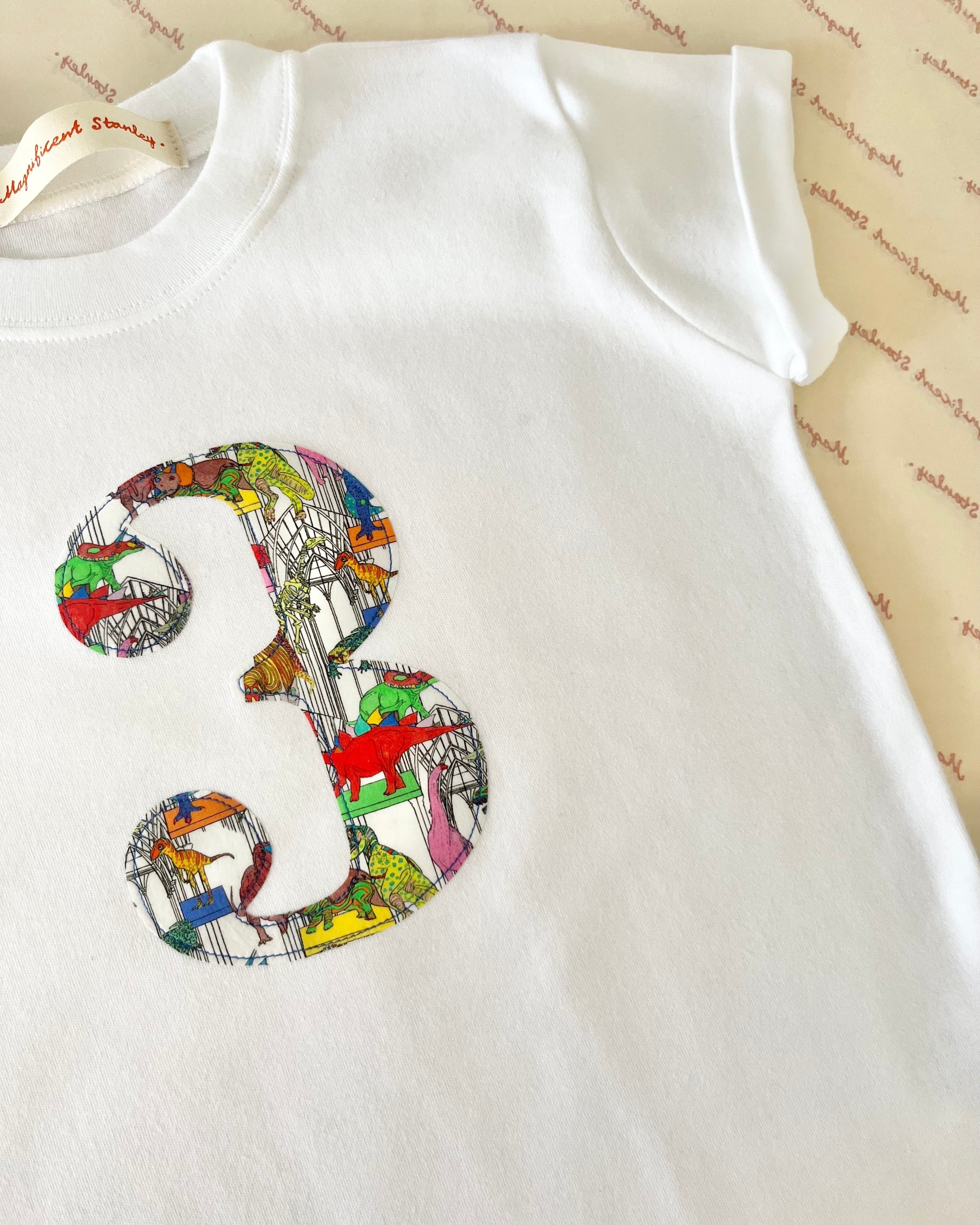 Magnificent Stanley Tee Personalised or Number White T-Shirt in Dinosaur Liberty Print