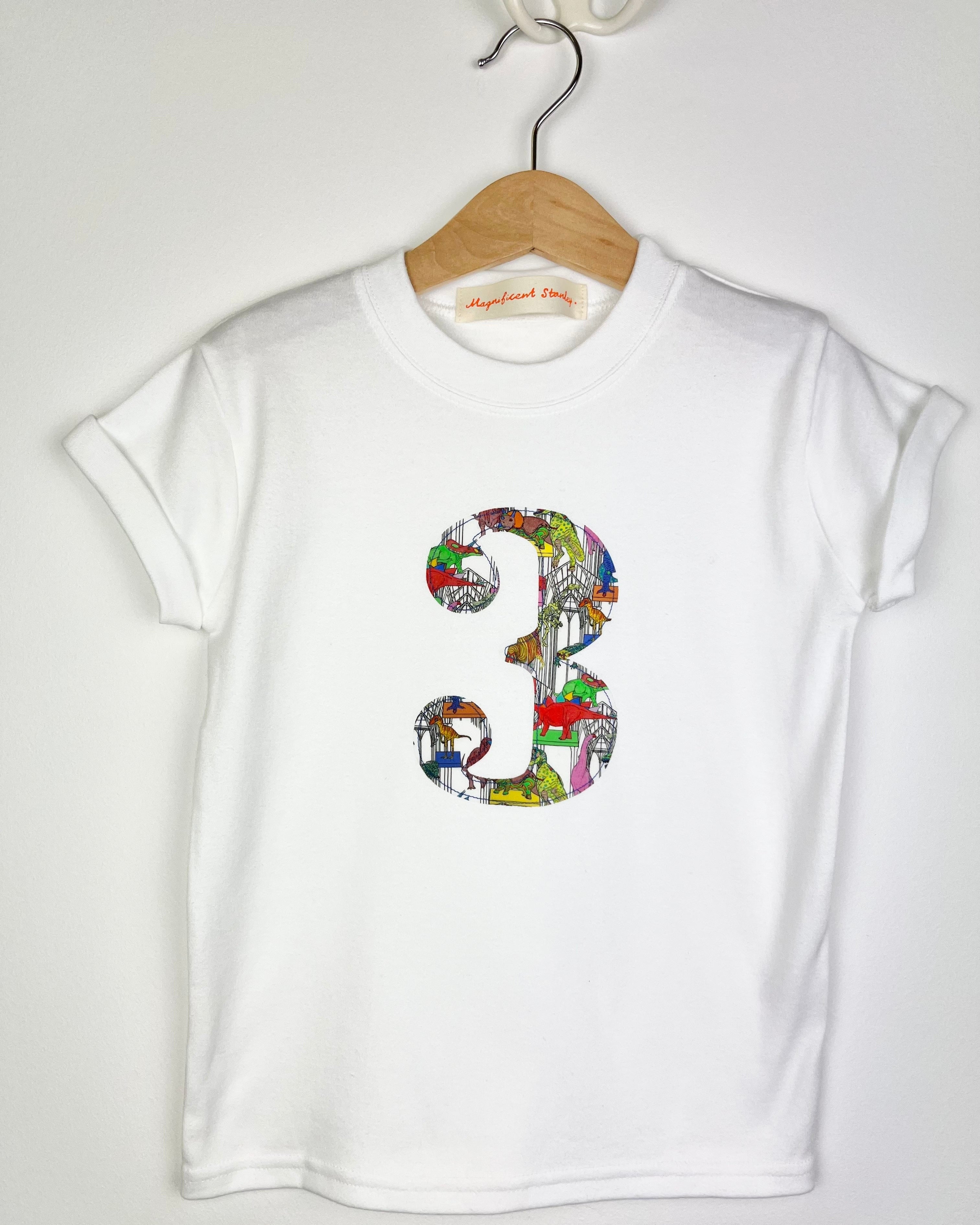Magnificent Stanley Tee Personalised or Number White T-Shirt in Dinosaur Liberty Print