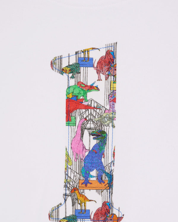 A white kids T-Shirt with a number 1 on the front in Dinosaur Liberty Print