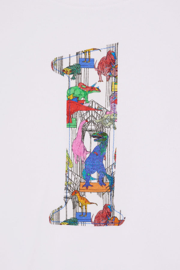 A white kids T-Shirt with a number 1 on the front in Dinosaur Liberty Print