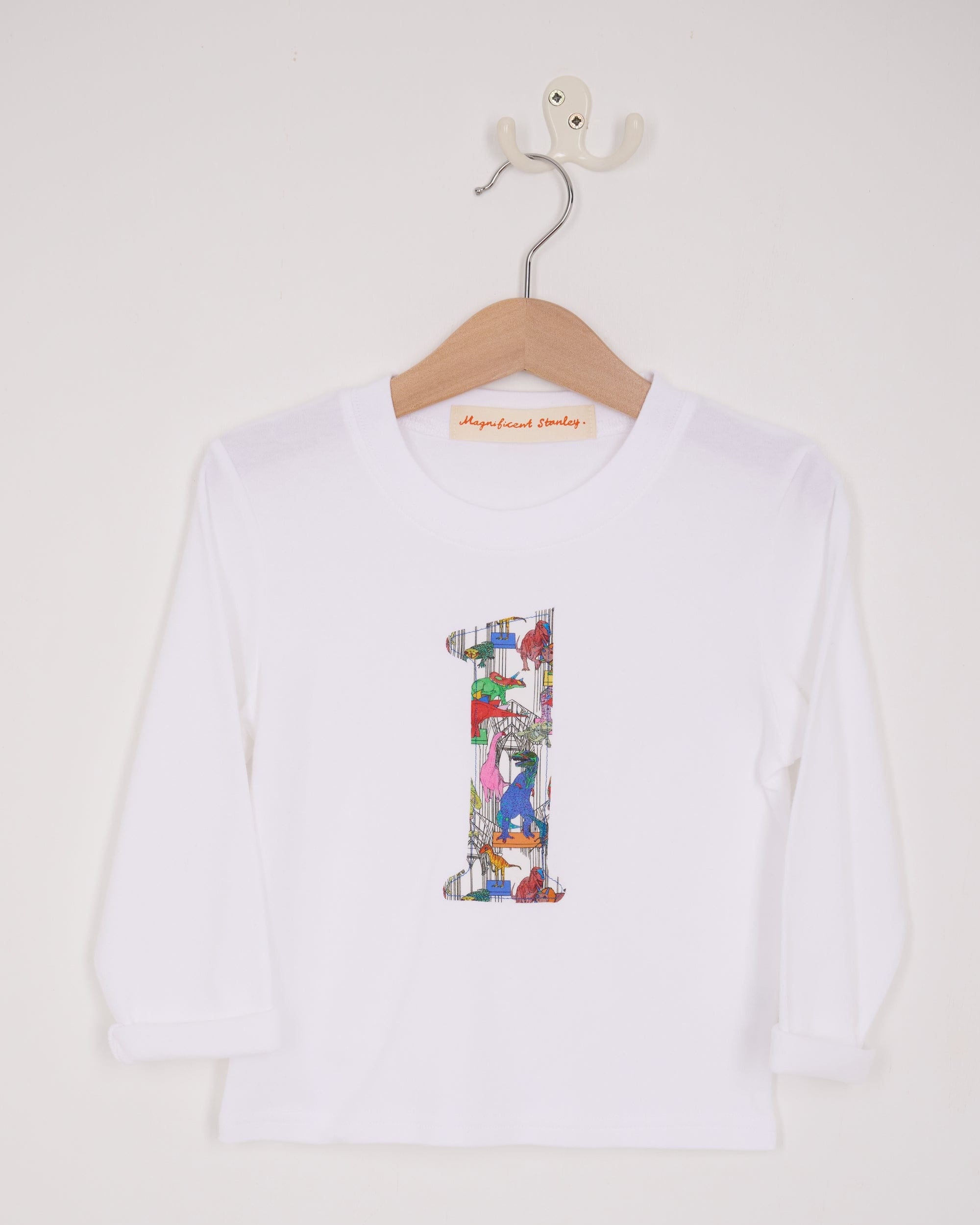 Magnificent Stanley Tee Personalised or Number White T-Shirt in Dinosaur Liberty Print