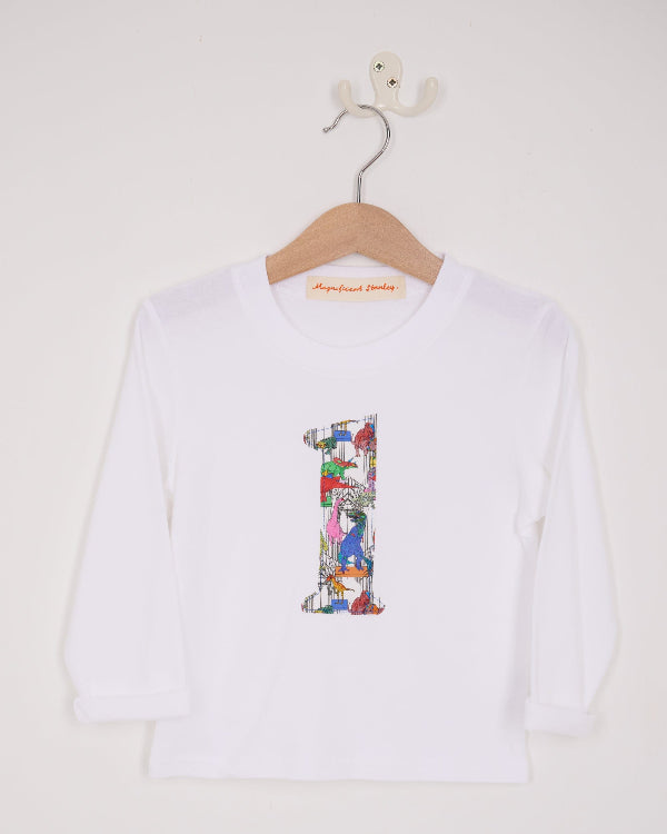 A white kids T-Shirt with a number 1 on the front in Dinosaur Liberty Print