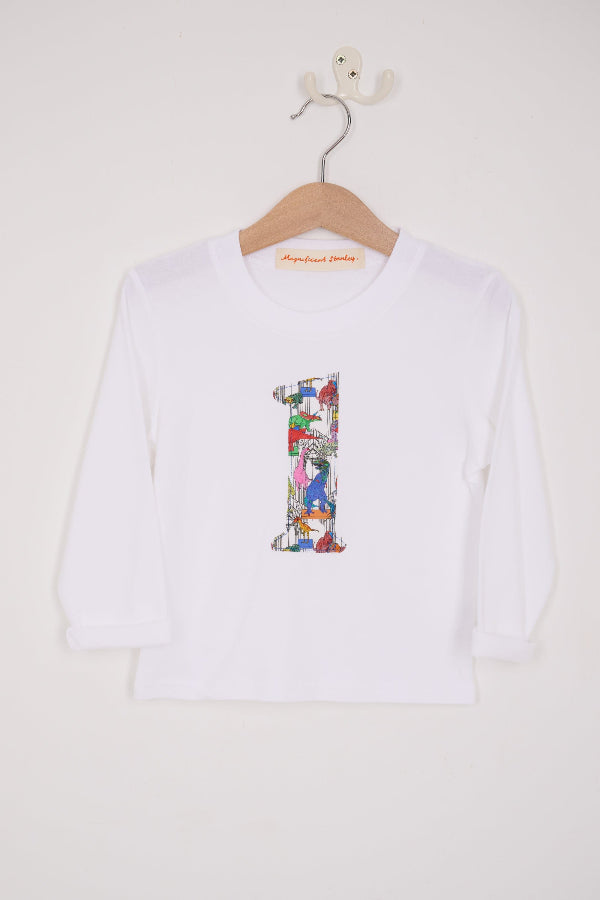 A white kids T-Shirt with a number 1 on the front in Dinosaur Liberty Print