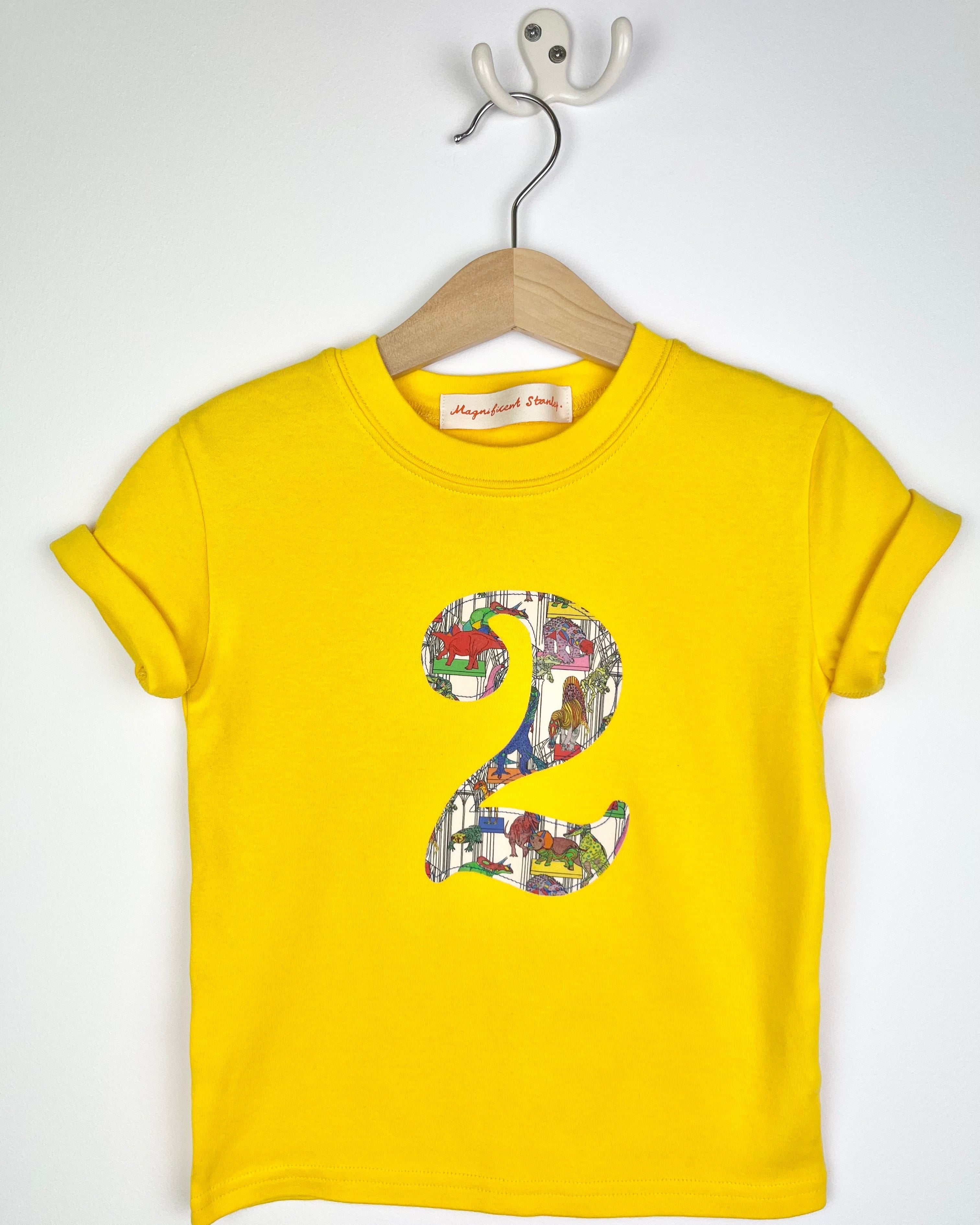 Magnificent Stanley Tee Personalised or Number Yellow T-Shirt in Dinosaur Liberty Print