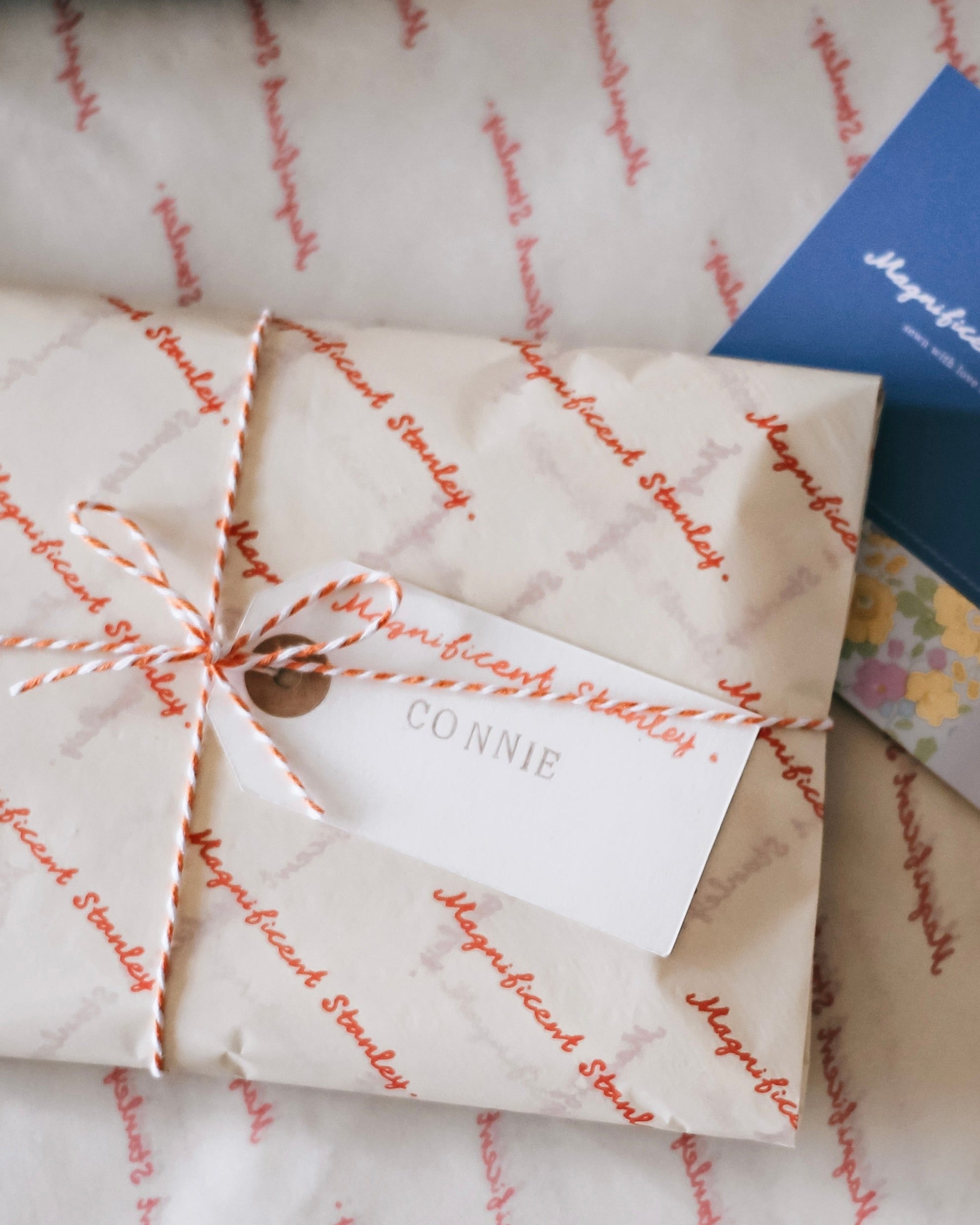 Magnificent Stanley Gift wrapped in logo tissue and twine with a hand stamped name tag