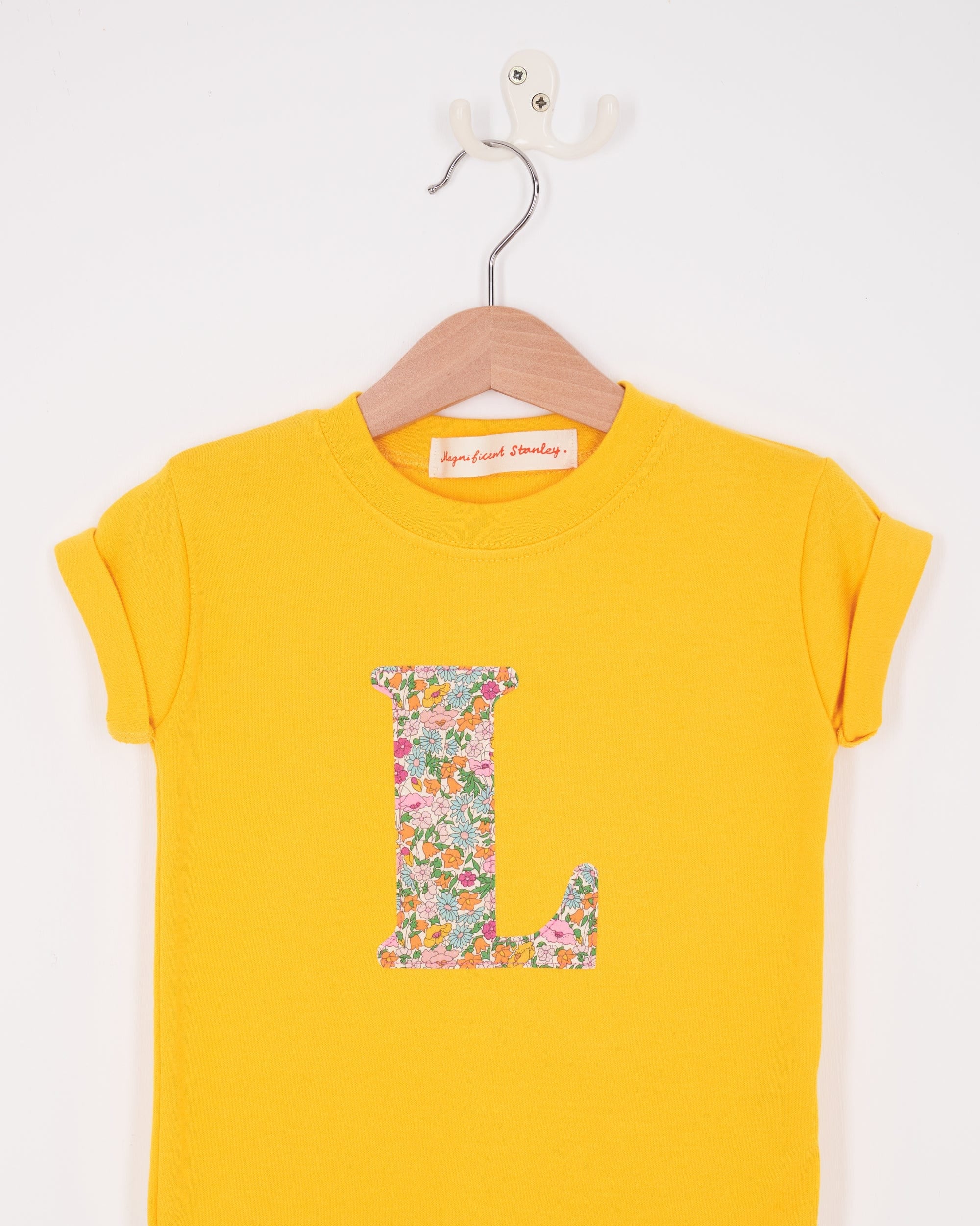 Magnificent Stanley Tee Personalised Yellow T-Shirt in Poppy Forest Liberty Print