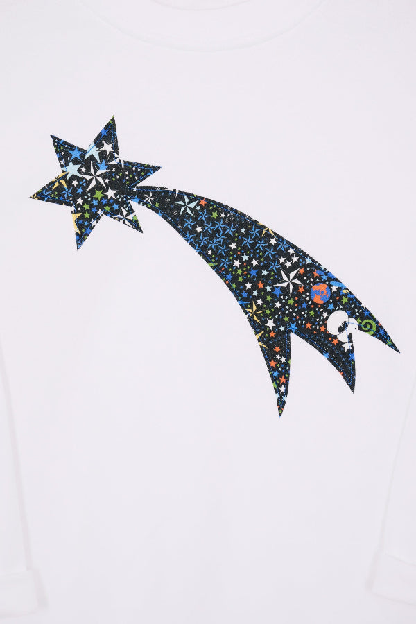 A white cotton tee with a Shooting Star made from space liberty print on the front