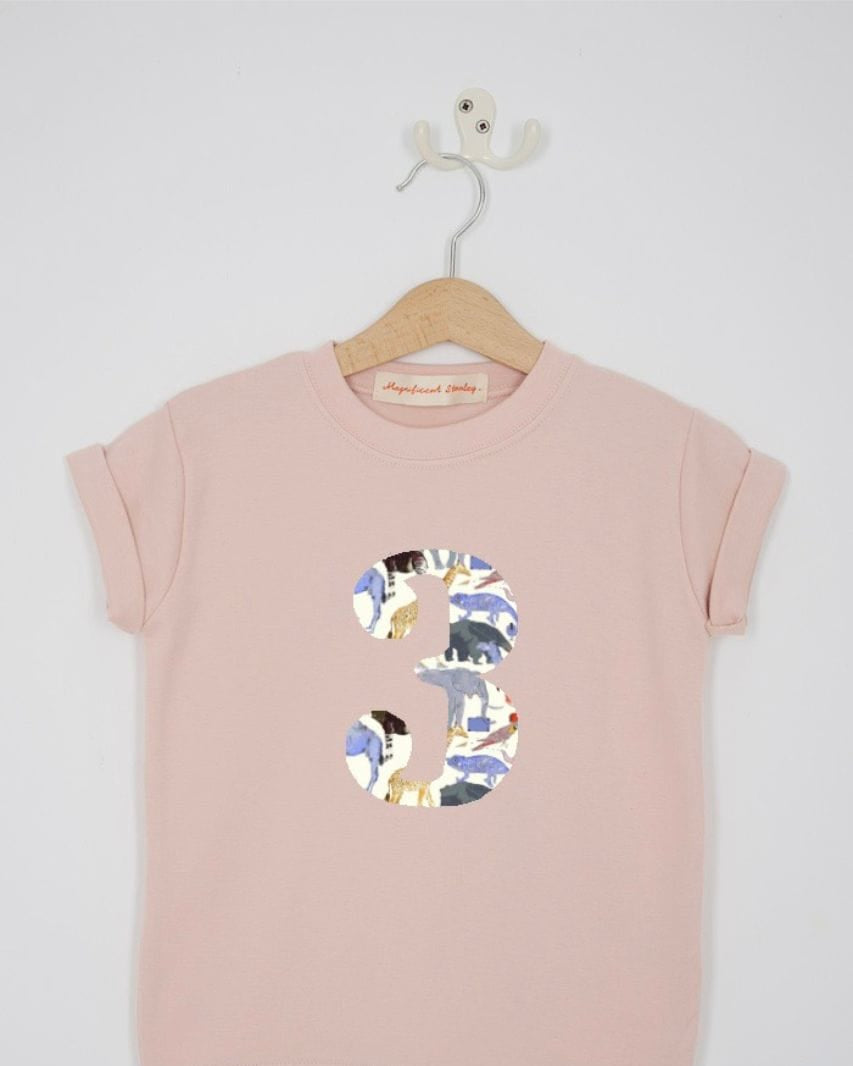 a pink 3rd birthday t-shirt with a number 3 cut from queue for the zoo liberty zoo animal print on the front