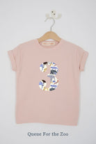 a pink 3rd birthday t-shirt with a number 3 cut from queue for the zoo liberty zoo animal print on the front
