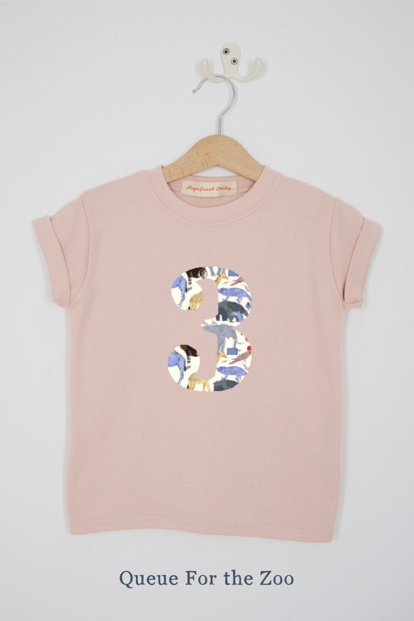 a pink 3rd birthday t-shirt with a number 3 cut from queue for the zoo liberty zoo animal print on the front