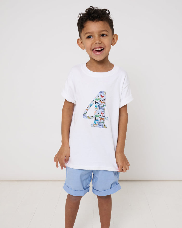 A 4 year old birthday boy wearing a white cotton t-shirt with the number 4 sewn on the front cut from liberty Quey 2 zoo animal print.