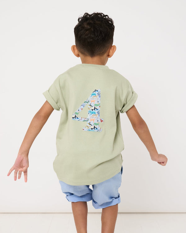 a 4 year old boy wearing a sage green t-shirt with a large number 4 on the front cut from zoo animal Liberty print