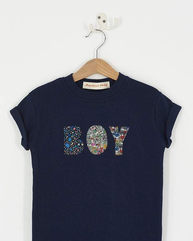 A navy t-shirt with a name on in mixed Liberty fabrics.