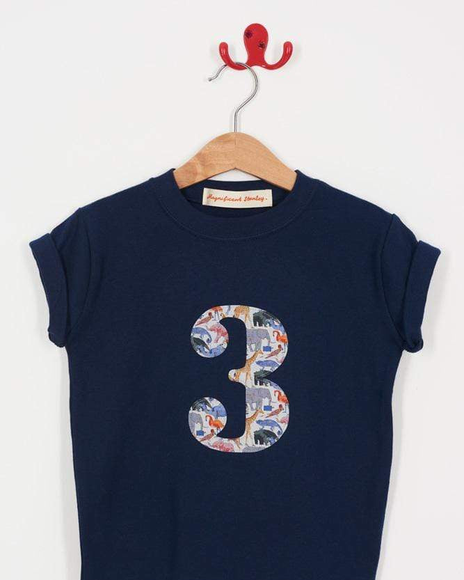 A Navy T-Shirt with a number 3 in Queue for the Zoo Liberty Print.