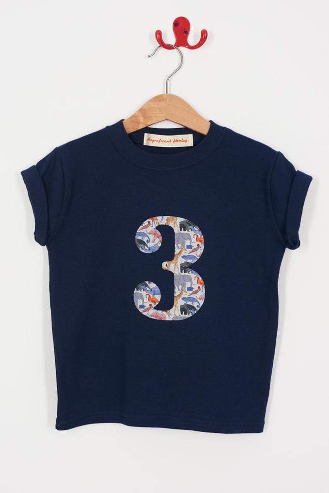 A Navy T-Shirt with a number 3 in Queue for the Zoo Liberty Print.