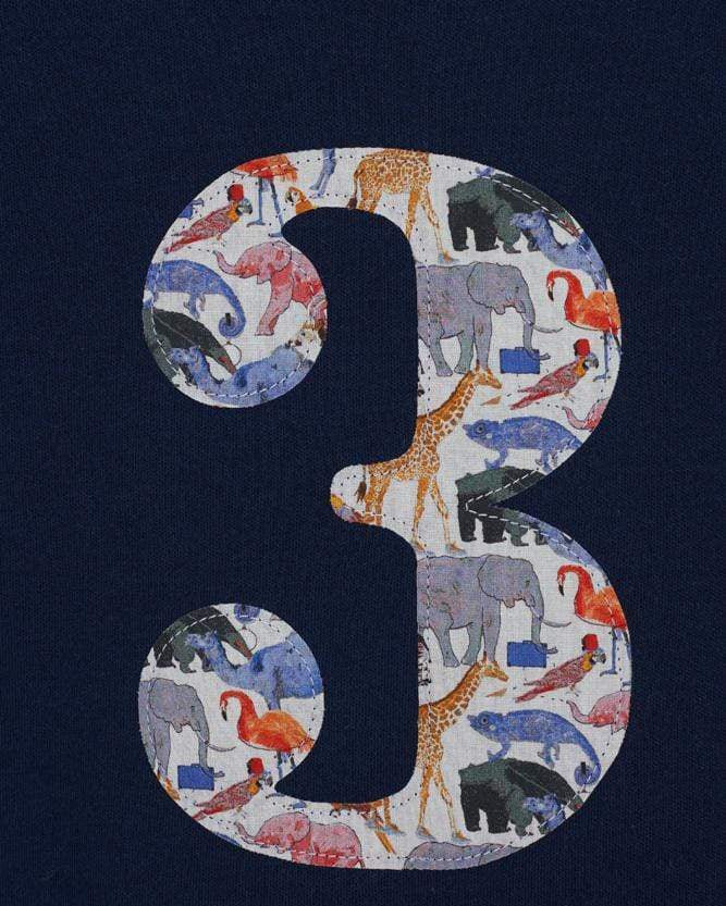 A Navy T-Shirt with a number 3 in Queue for the Zoo Liberty Print.