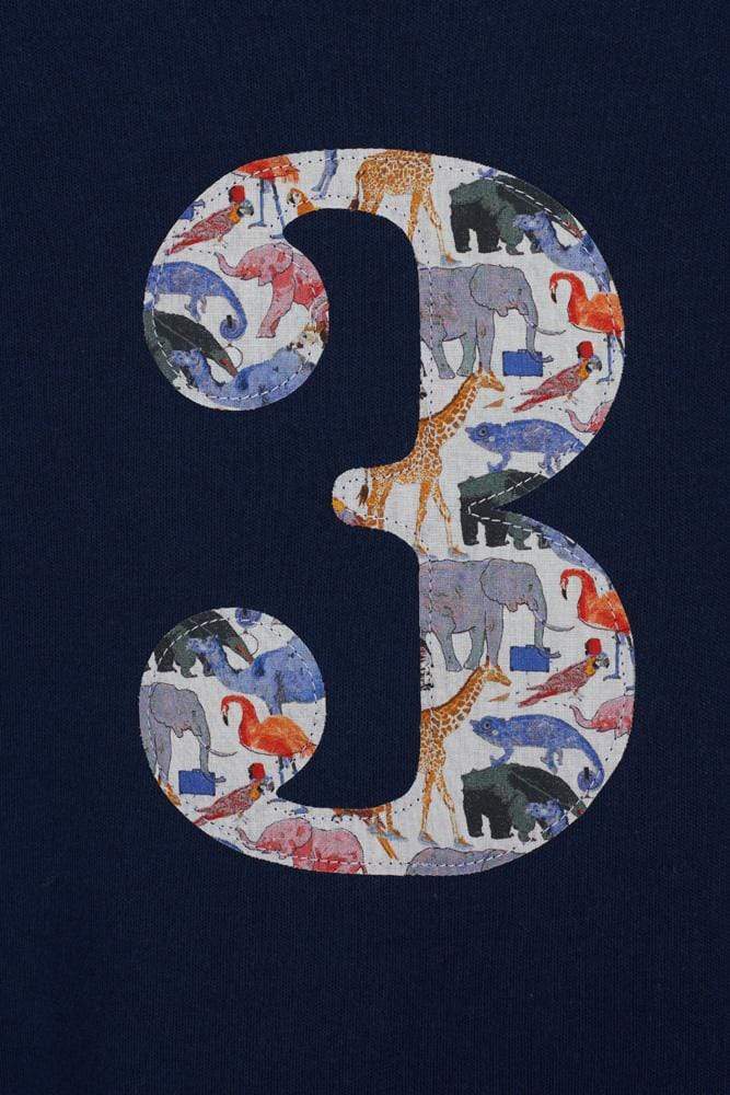 A Navy T-Shirt with a number 3 in Queue for the Zoo Liberty Print.