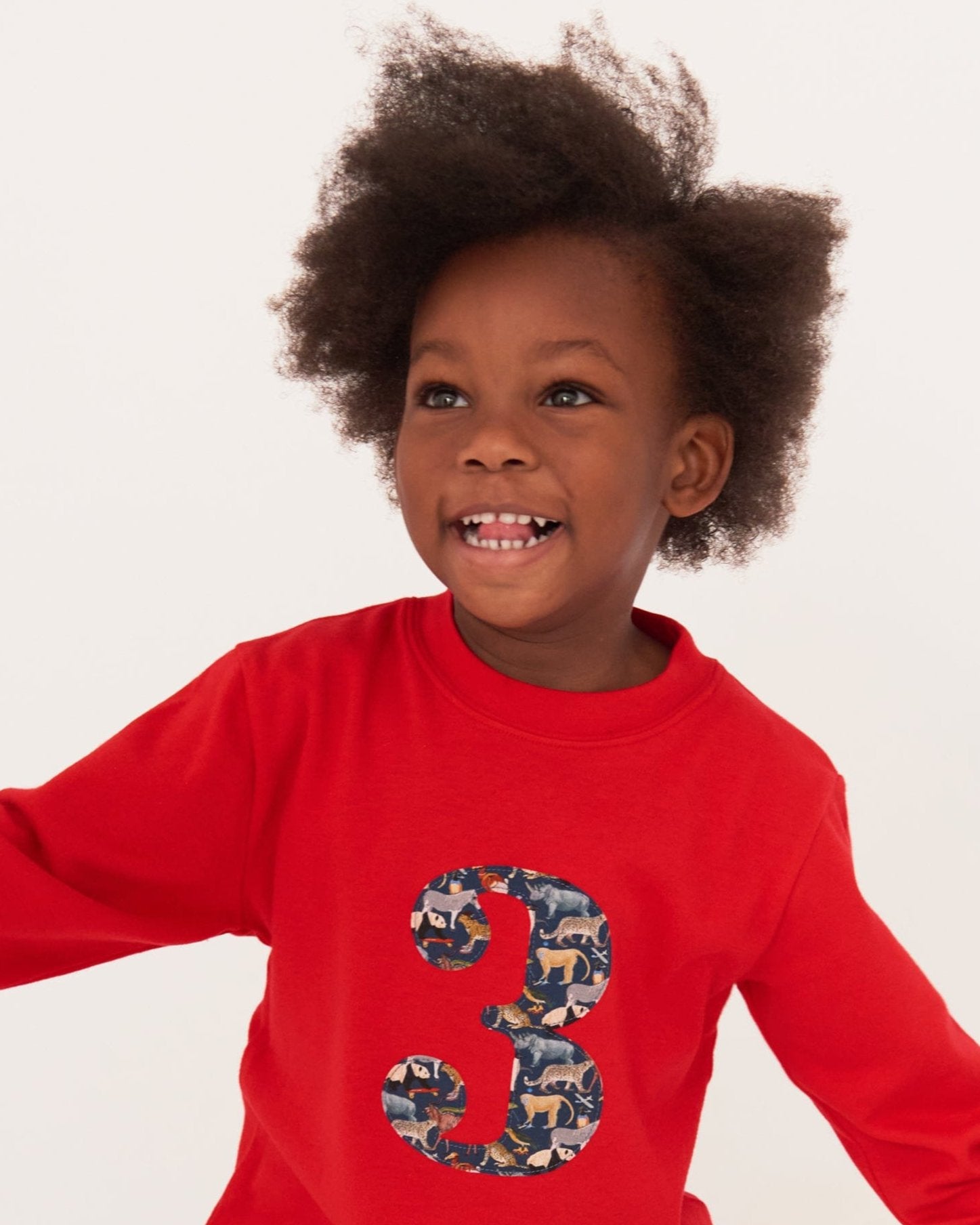 A 3 year old boy wearing a red birthday t-shirt with a number 3 on the front made from Liberty zoo print fabric.