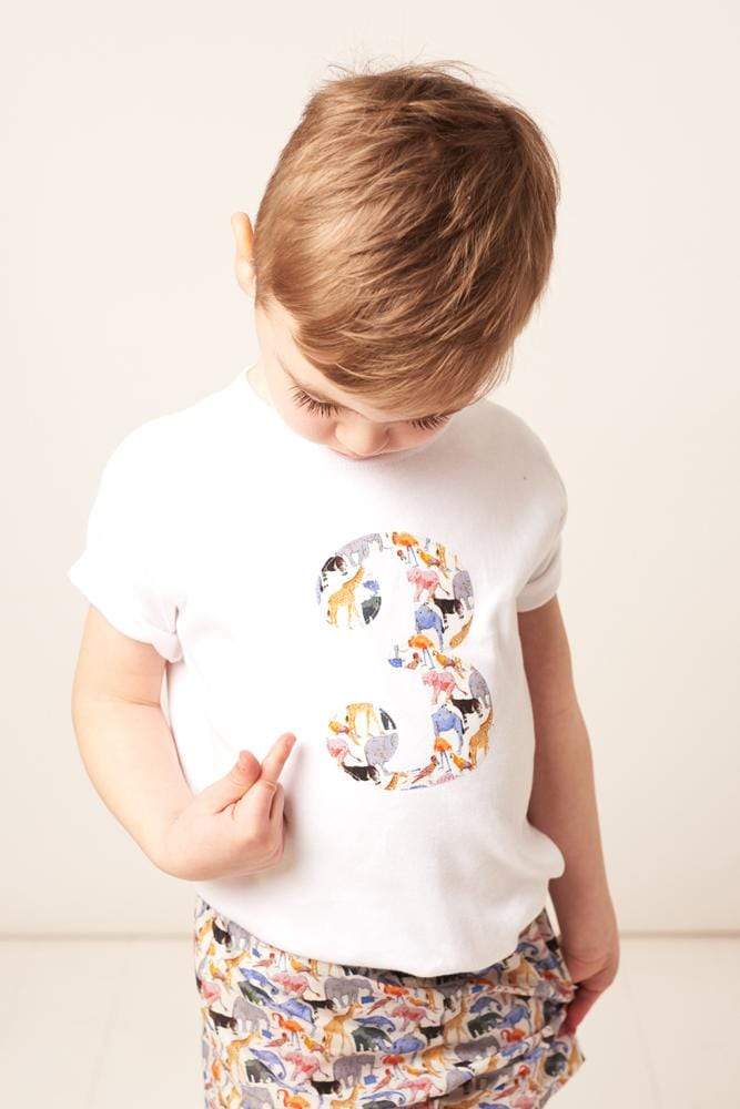 A three year old on their first birthday wearing a white cotton t-shirt with a zoo animal number 3 on the front.