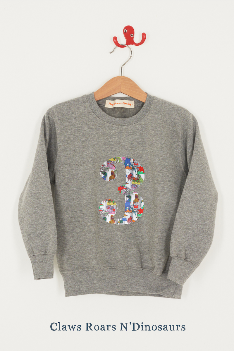 A birthday grey sweatshirt with a number 3 on in Dinosaurs Liberty fabric.