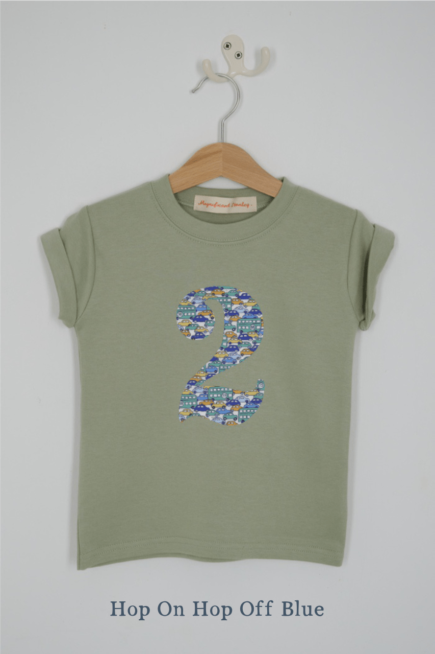 a number 2nd birthday kids sage green t-shirt with a number cut from hop on hop off cars liberty print on the front.