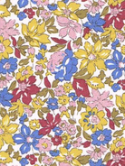 A close-up of a floral patterned Liberty Julia Belle fabric  featuring large yellow, blue, pink sparkle, and red flowers with olive green leaves on a white background.