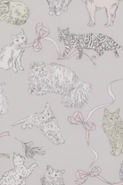 A repeating pattern of illustrated cats and bows on a light gray background, with the cats drawn in pale pink, cream, and gray line art.