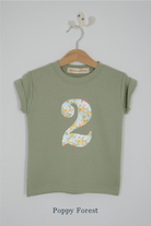 a number 2nd birthday kids sage green t-shirt with a number cut from Poppy Forest floral liberty print on the front.