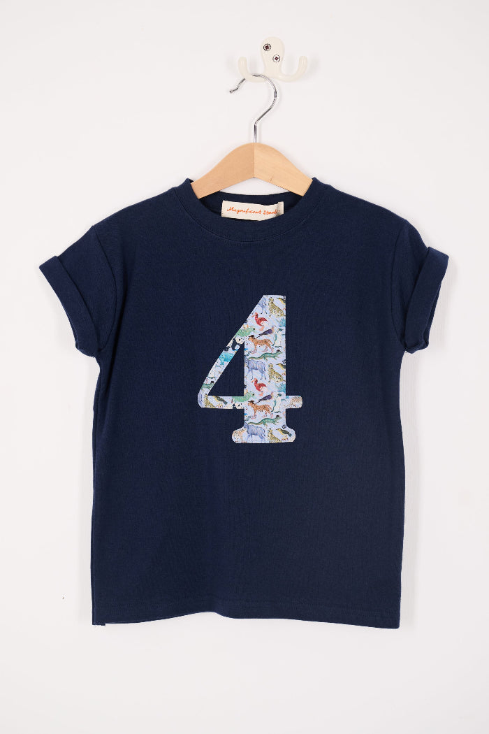 Navy blue t-shirt with a colorful number 4 on a hanger against a white background