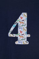 Navy blue shirt with a colorful number '4' featuring animal illustrations on a dark background.