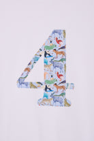 A white cotton t-shirt with the number 4 sewn on the front cut from liberty Quey 2 zoo animal print.