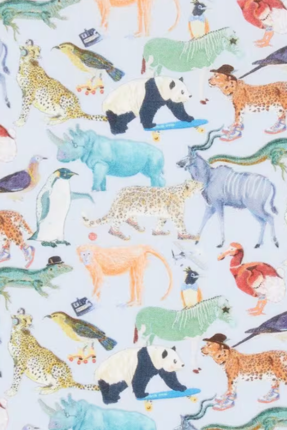 A swatch of Liberty tana lawn print Quey 2 featuring quirky zoo animals