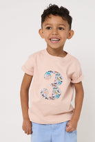 Child wearing a pink t-shirt with a quey 2 zoo animal Liberty number 3 design and light blue shorts on a white background