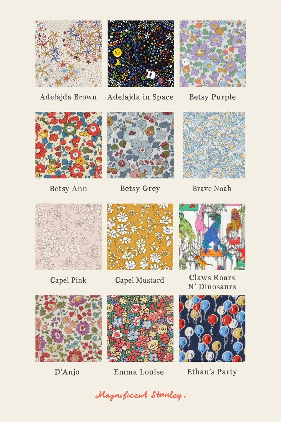 Magnificent Stanley Liberty print fabric choices. 12 Tana Lawn cotton prints.