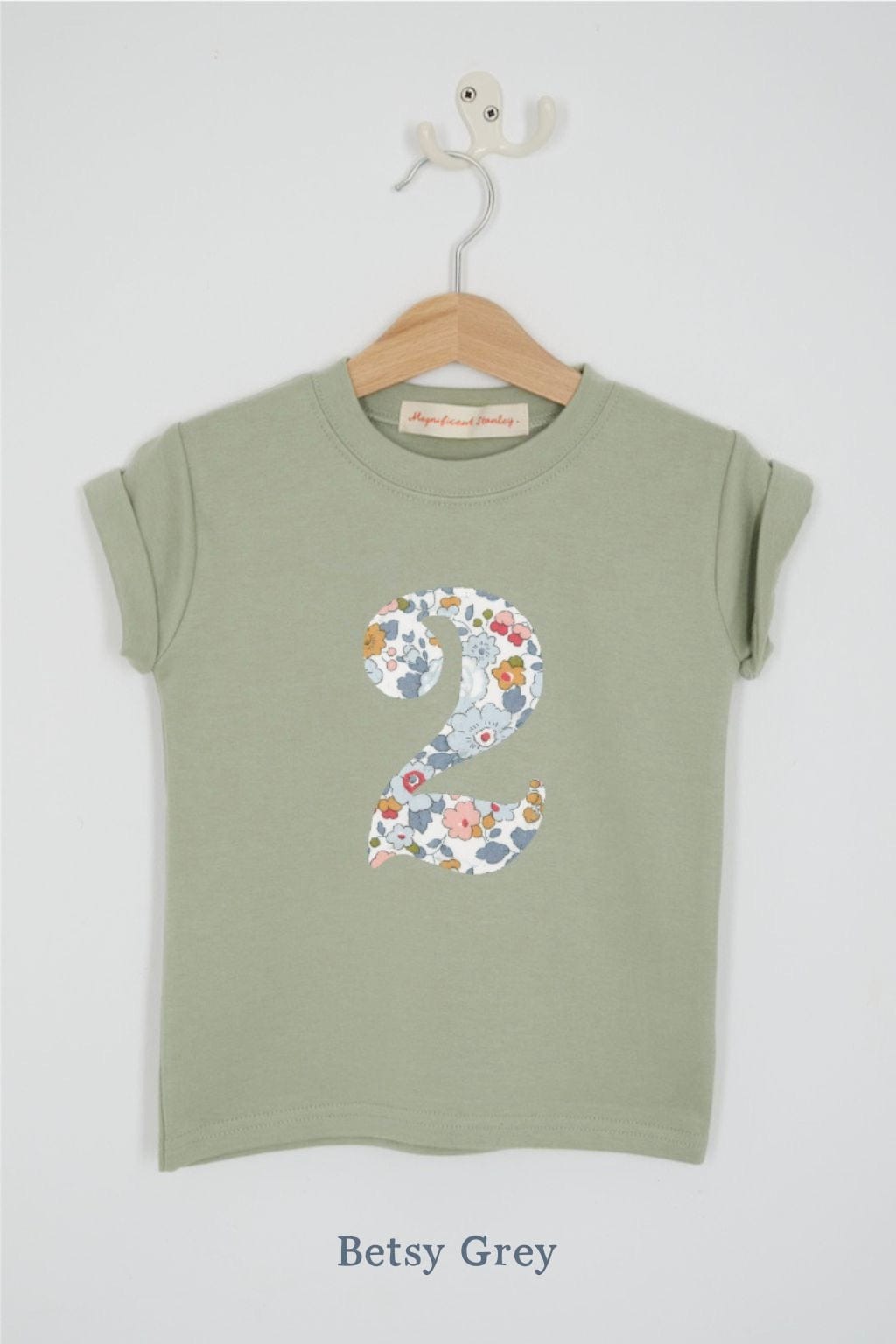 a birthday number 2 kids sage green t-shirt with a number cut from betsy grey floral liberty print on the front.