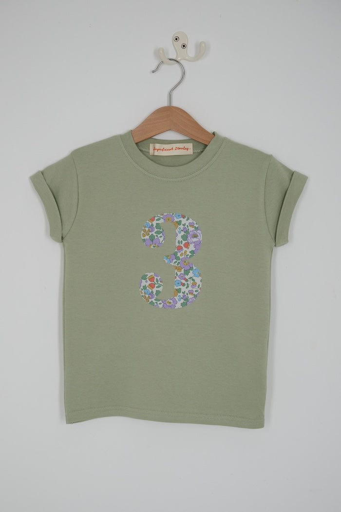  a sage green birthday t-shirt with a number 3 cut from liberty floral betsy purple print on the front
