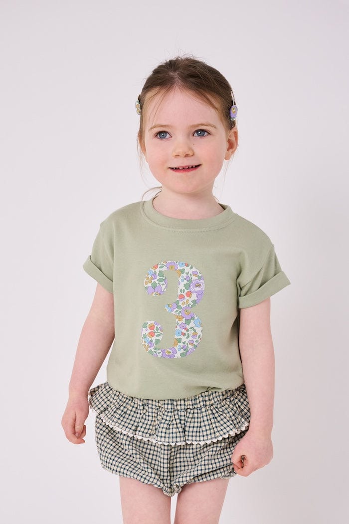 a 3 year old girl  wearing a birthday number 3 kids sage green t-shirt with a number cut from betsy purple liberty print on the front.