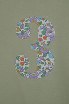 a birthday number 3 kids sage green t-shirt with a number cut from betsy purple floral liberty print on the front.
