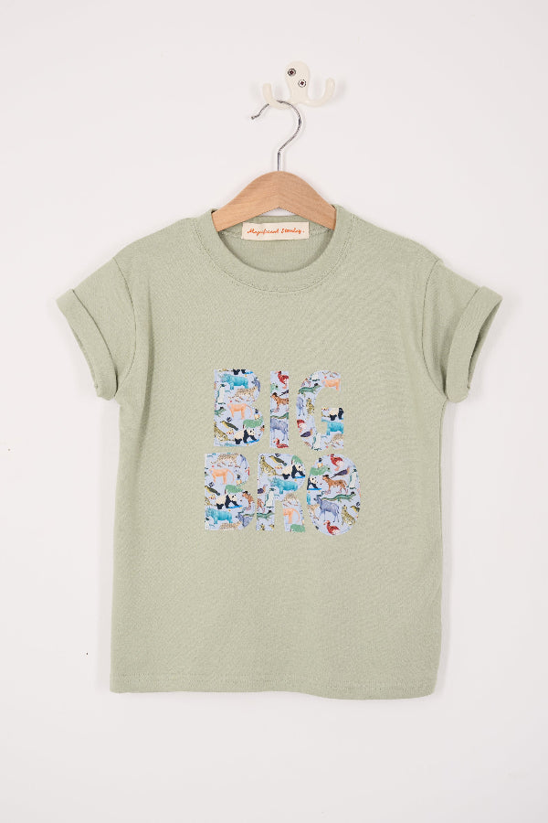  a 'Big Bro' green t-shirt with animal-themed letters on a plain background