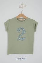 a number 2nd birthday kids sage green t-shirt with a number cut from brave noah dragon liberty print on the front.