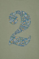 a sage green birthday t-shirt with a number 2 cut from liberty brave noah dragon  print on the front