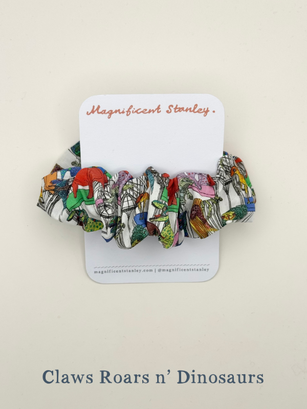 Magnificent Stanley Liberty print hair scrunchie in claws roars n dinosaurs print