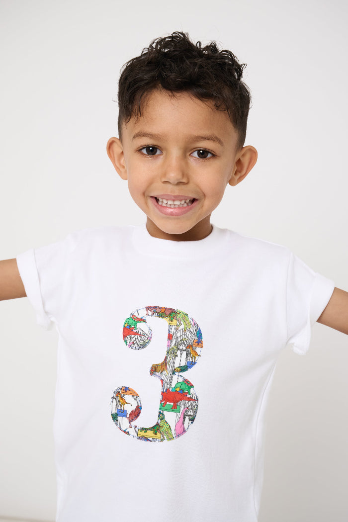 A  smiling 3 year old boy wearing a white kids T-Shirt with a number 3 on the front in Dinosaur Liberty Print