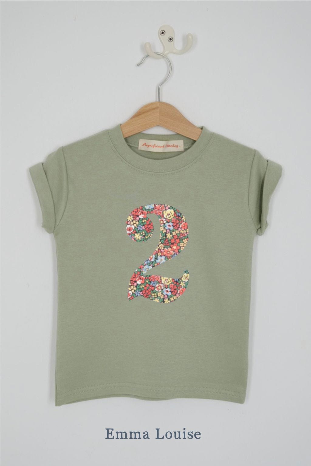 a number 2nd birthday kids sage green t-shirt with a number cut from emma louise liberty print on the front.